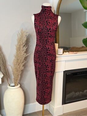 Sleeveless Turtleneck Midi Dress in Burgundy Leopard Print